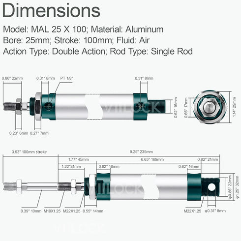 Pneumatic Air Cylinder: 25mm Bore 100mm Stroke, Mini Single Rod Double Action MAL 25 X 100