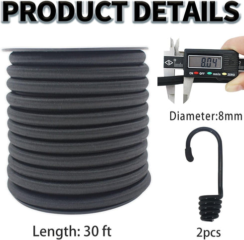 ZHFLMY 30ft Roll Black 5/16in Bungee Cord, Dacron Polyester Elastic Tie Downs - Heavy Duty for Various Applications