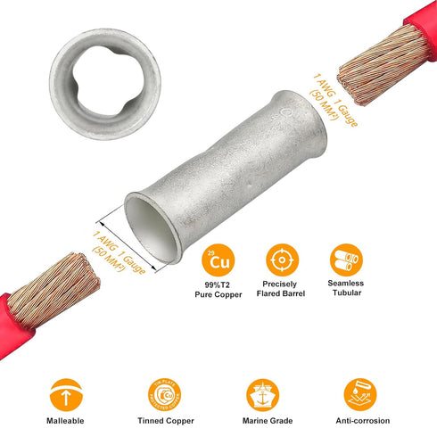 10 PCS 1 Gauge Butt Splice Connector, Non-Insulated Crimp Wire Connectors with Heat Shrink Tube