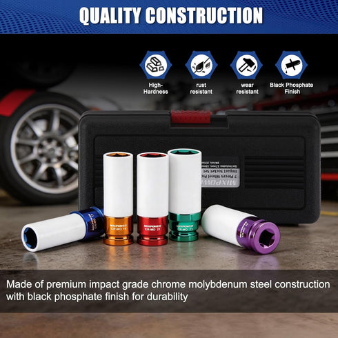 1/2" 7pcs Set, 6 17mm, 19mm, 21mm, 22mm, 23mm, 24mm,27mm MIXPOWER Drive Wheel Protector Impact Socket, Thin Wall Deep