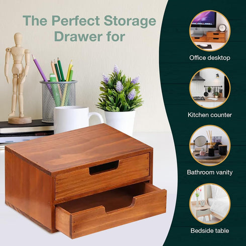 Double Drawer Desktop Storage Organizer, Modern Wood Design 2-Drawer Stackable Unit, Mahogany Wood