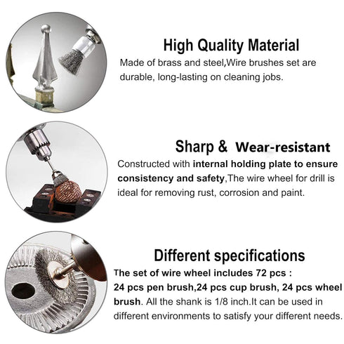 Rocaris 72 Pack Wire Wheel Brushes Set, Brass and Steel Wire Brush Set with 1/8" Shank for Rotary Tools Accessories