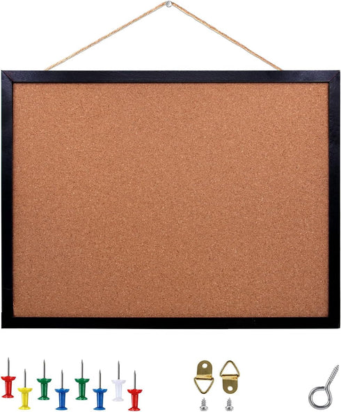 Black Cork Board Bulletin Board, 14.6"X 11" Wall Mounted with Oak Wood Finish Frame for Office and School