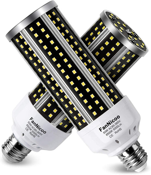 2 Pack LED Corn Light Bulb, 500W Equivalent, 5000 Lumen, 6500k Cool Daylight White, Large Area Bulb for Outdoor/Indoor