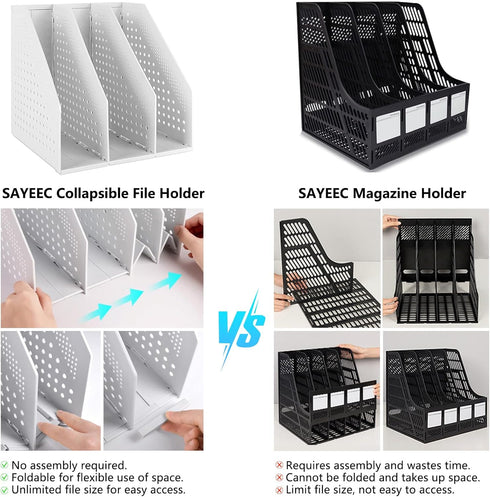 SAYEEC 2Pcs Collapsible Plastic Magazine File Holder, Vertical Binder Organizer for Desk, 3 Compartments, Gray