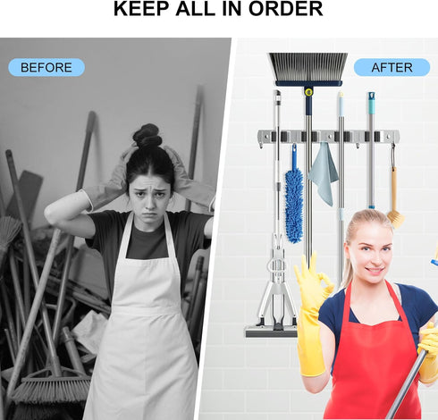2 Pack 4 5 nacena Broom Holder Wall Mount Mop Hanger, Stainless Steel Racks Hooks Self Adhesive Heavy Duty Tool