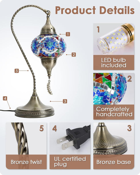Yarra-Decor Turkish Moroccan Mosaic Table Lamp with Bronze Base, Handmade Tiffany Mosaic Glass Bedside Lamps