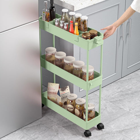 SPACELEAD Slim Storage Cart - 3 Tier Bathroom Rolling Utility Cart, Mobile Shelving Unit for Office, Green