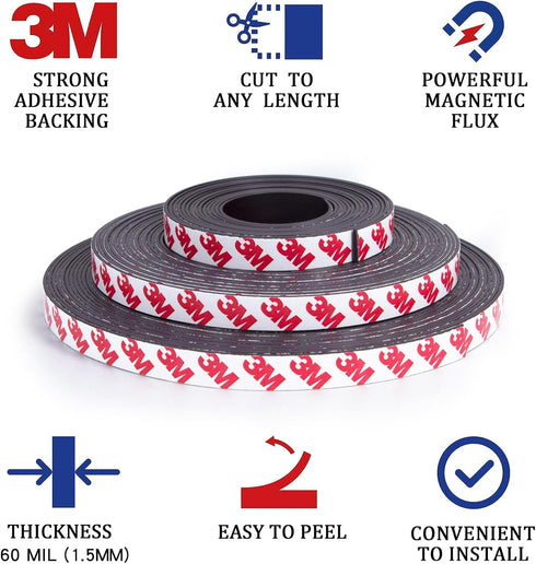 Flexible Magnetic Tape Strip Roll with 3M Adhesive Backing, 1in Wide x 40ft Long Sticky Magnet Tape Strips
