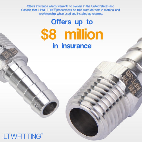LTWFITTING Bar Production Stainless Steel 316 Barb Fitting Coupler/Connector 3/8" Hose ID x 1/4" Male NPT (Pack of 5)