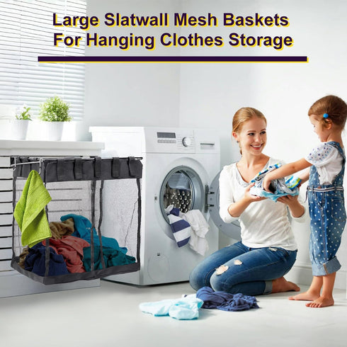 Large Mesh Slatwall Baskets 2 Sets, 16x16x12 Inch with 4 Hooks, 48L Mounted Hanging Baskets for Shop Garage Gym