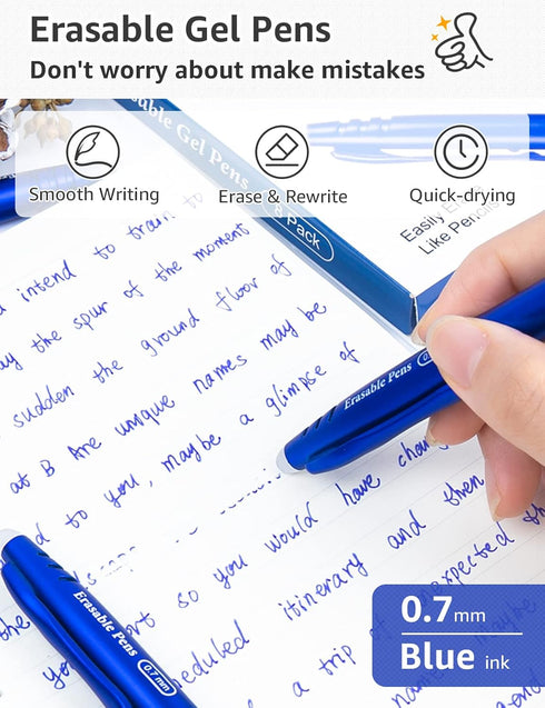 Erasable Gel Pens 0.7mm, KERIFI Blue Heat Erasable Fine Point Ballpoint Pens, Make Mistakes Disappear, Gel Ink Pens with Eraser for Drawing Writing Planner Journaling Crossword Puzzles School Supplies by KERIFI