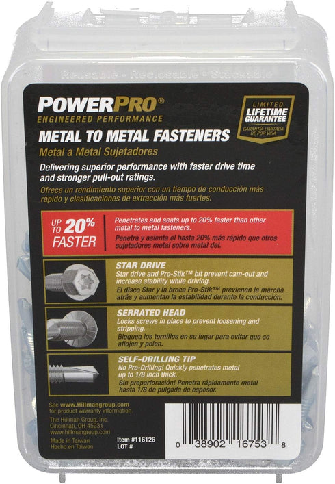 Power Pro Premium Self-Drilling Metal Screws, Zinc Plated Steel, Hex Washer Head, Box of 75 Screws