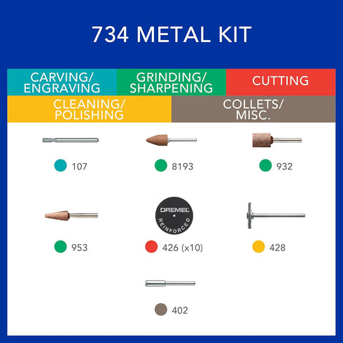 Dremel 734-01 Metal Cutting Rotary Tool Accessories Kit - 16 Piece Set with Engraving Bit and Grinding Stones