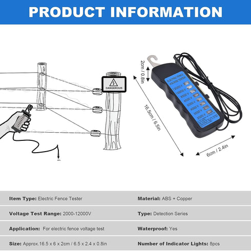 GOTOTOP 12KV Electric Fence Tester, Neon Fence Voltage Tester, 2000 to 12000V with 8 Neon Indicator Lights