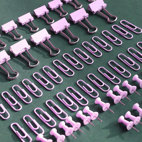 Purple Paper Clips and Binder Clips Set, 216 pcs, Cute Metal Assorted Sized Binders with Push Pins