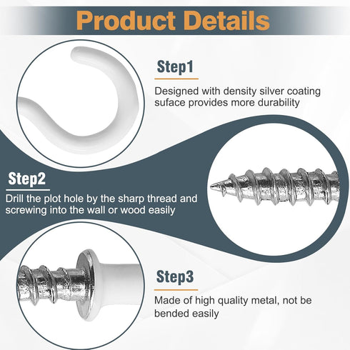 50Pcs White Cup Hooks, 1-1/4 Inch Heavy Duty Screw-in Metal Mug Hooks, Vinyl Coated Screw Hooks