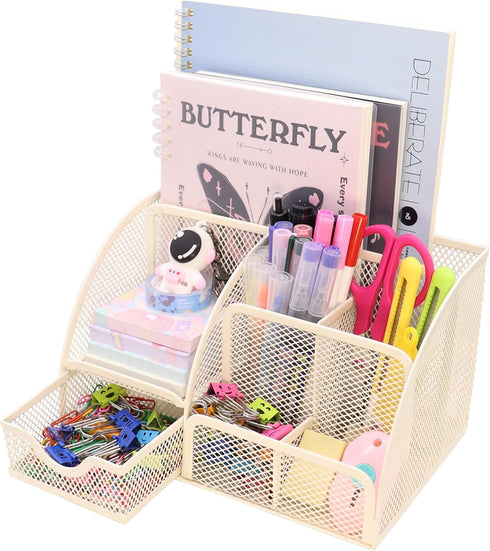 Mesh Desk Organizer with 6 Compartments and 1 Drawer, Multi-Functional Caddy for Home Office School