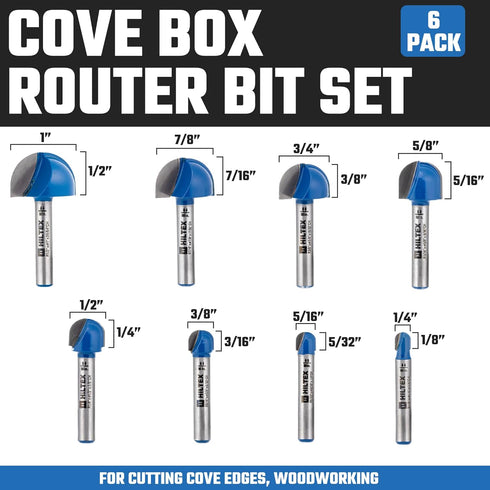 Hiltex 10107H Set, 8 1/4 Inch 1/4" 5/16" 3/8" 1/2" 5/8" 3/4" 7/8" 1" Cove Box Router Bit Pieces, Shank, Double Flute