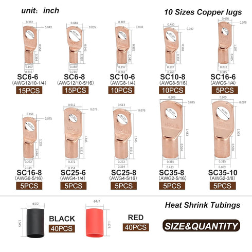 Thickened Copper Lugs Electric Wire Lugs AWG2 4 6 8 10 12 Gauge, 80Pcs Heavy Duty Battery Cable Lugs Ends with 80Pcs
