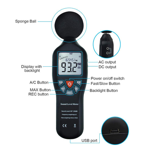 Decibel Meter Sound Level Meter with CD Software, Audio Noise Measuring Range 30 – 130 dB