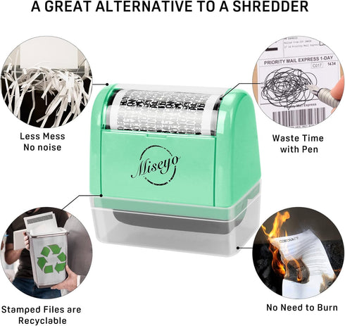 Miseyo Identity Theft Protection Roller Stamp Set - Mint Green, Includes 3 Refill Inks