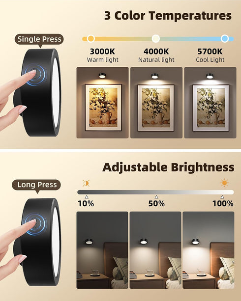 5500mAh 3 360Rotation Dimmable (2 Pack) EZVALO LED Wall Mounted Lights, Rechargeable Wall Sconces Lamp, Color Temps