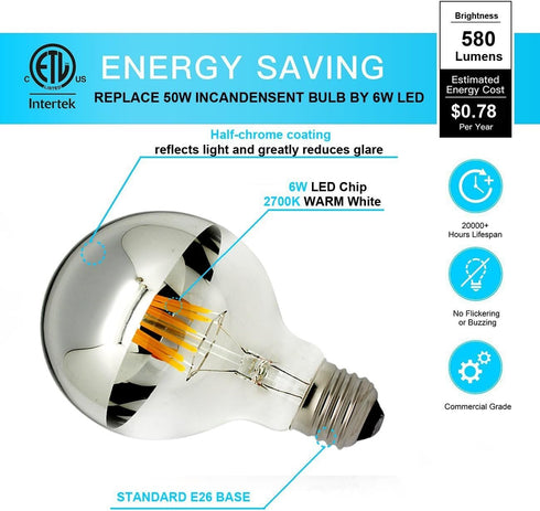 Bulbs,Dimmable,LED Bulbs,Silver Bulb,Mirror 6W (60W G80/G25 Bulb,E26 2700K,for Pack 2 LUXON Half Chrome Light Edison