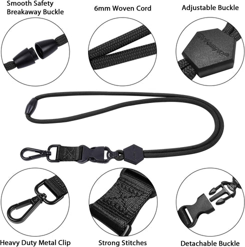 Wisdompro 2 Pack of 23 inch Durable Round Cord Lanyard - Heavy Duty with Safety Breakaway Buckle, Black