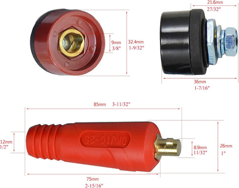 RIVERWELD TIG Welding Cable Panel Connector Socket Set DKJ10-25 & DKZ10-25, Quick Fitting Dinse-Style 200Amp