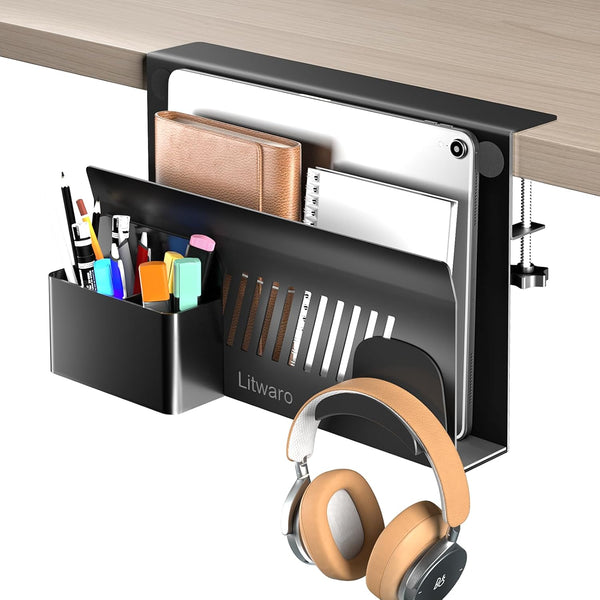 Litwaro Desk Side Storage Organizer, Under Desk Laptop Holder Clamp on Shelf, No Drill Laptop Desk Mount with Magnetic