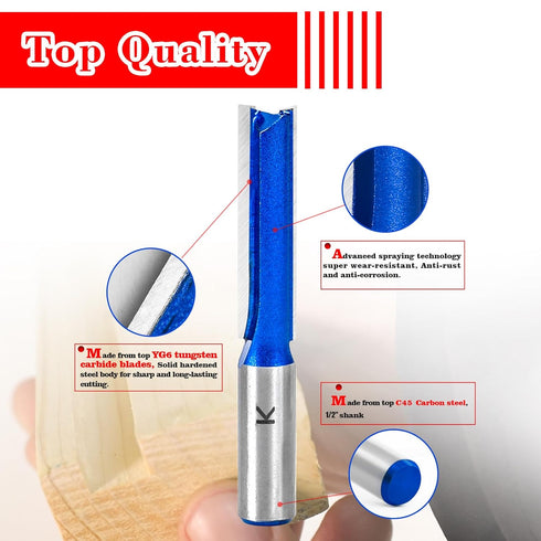 3Pcs Set 1/2 2",2-1/2",3" Length,1/2" Extra Long Straight Router Bit Shank, Carbide Tipped Double Flute Straight Bit