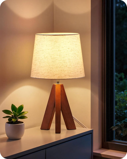 Tripod Table Lamp, 14.6 Inch Small Bedside Lamp with Beige Linen Shade,