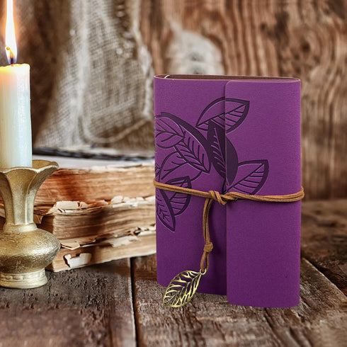 HARDCOVER JOURNAL Writing Notebook - Vintage Leaf Series, Antique Handmade Bound Daily Notepad, (Leaves, Purple)