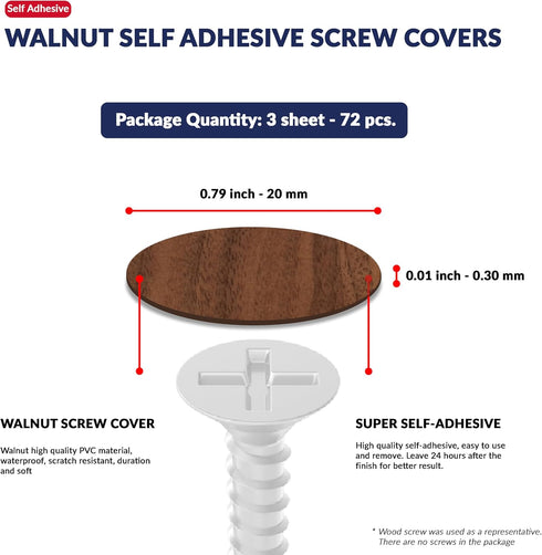 72 0.79 inch 20 mm Walnut Self-Adhesive Screw Hole Stickers - pcs. / Peel Stick Dust Proof Tape, Water Resistance PVC