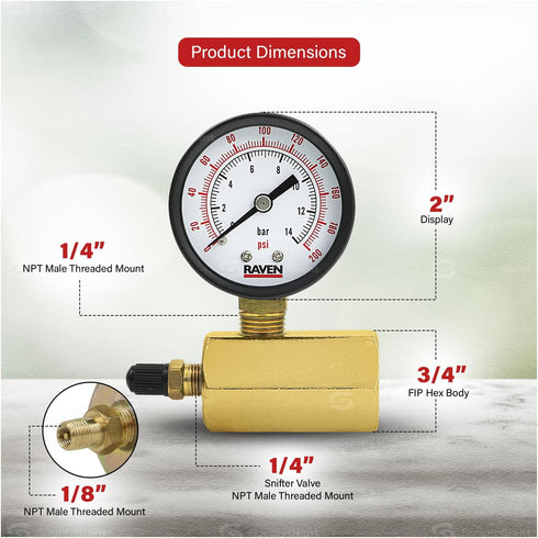 Low Pressure Gas Tester Gauge SH74-422, 0-200 PSI, 3/4" FIP Hex Body with 2" Display