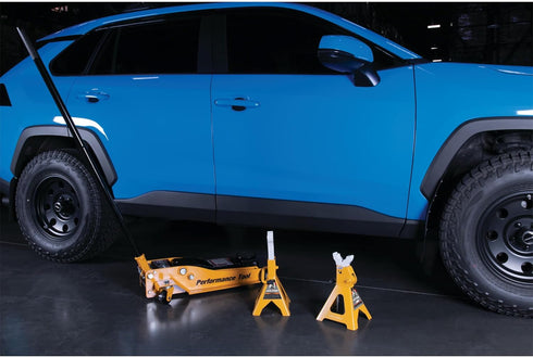Performance Tool Ratchet Style Jack Stand Set, 3-Ton, Yellow, for Lifting Vehicles During Maintenance