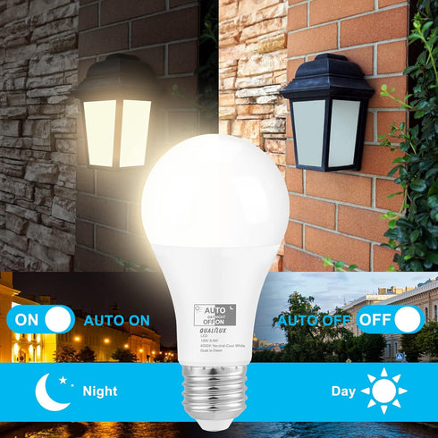 Dusk to Dawn Light Bulbs 4000K Cool White (Neutral White), 850LM, 60W Equivalent, LED 9.5W, A19, E26 Base, 2-Pack, HQ-H013 by Qualilux