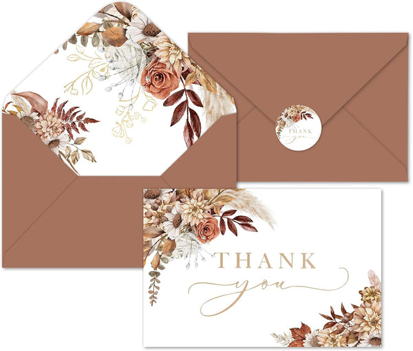 Whaline 50 Pack Boho Floral Thank You Cards Boxed Retro Flower Note