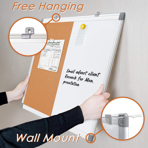 Dry Erase Board Cork Board Combo, 24"x18", Magnetic White Board and Bulletin Pin Board, Silver Frame