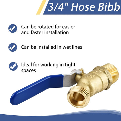 Brass 3/4" Hose Bibb, 3/4" Male NPT x Garden Hose Thread, Lead-Free Compliant, Ideal for Gardens and Patios