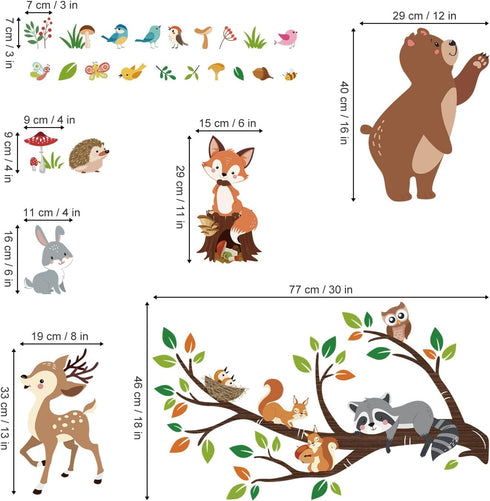 decalmile Woodland Animal Tree Branch Wall Decals Bear Fox Deer Forest Wall Stickers Kids Room Baby Nursery Bedroom
