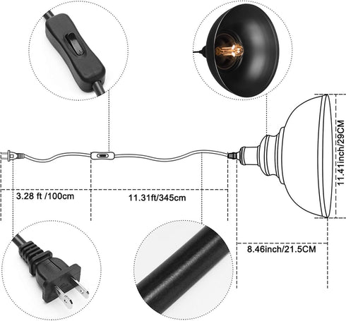 YeLEEiNO Indoor Pendant Lamp, Retro Black Finish E26 1-Light Ceiling Fixture with Plug in Cord and Switch