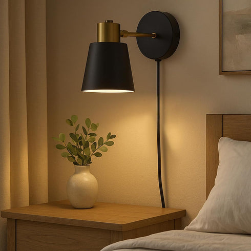 YJQHXY Set 2 3-Prong of Black & Gold Wall Sconces, Plug-in or Hardwired, Adjustable Metal Shade, Reading Lights