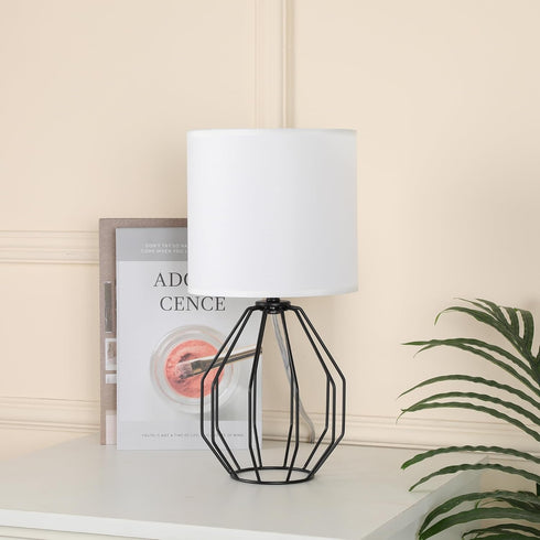 Set 2 Small Table Lamp of Black, Bedside Lamps with Metal Cage & Linen Lampshade, Cute Desk Lamps for Nightstand