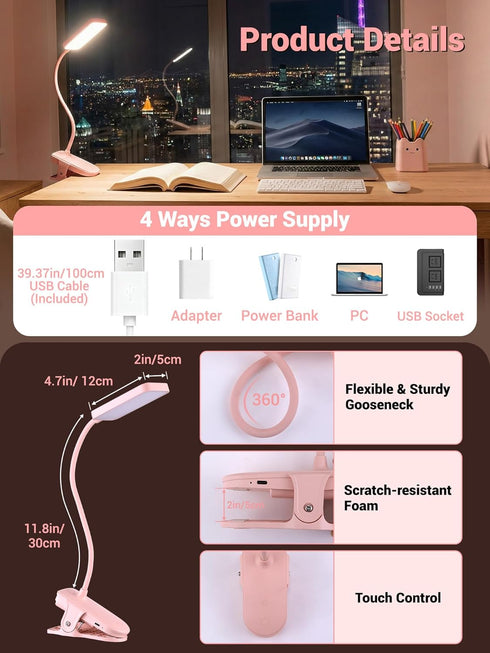 ReinHoo Light,9 Brightness+5 Light,4000mAh Cute,48 Pink Desk Lamp with Clamp Color Clip on Battery Rechargeable Desk