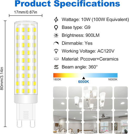 G9 Bulbs Dimmable 10W 6000K, 100W AC120V Dimmable G9 T4 Bulb 360Deg (5Pack) No Flicker Led Cool White Halogen