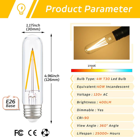 Dimmable E26 T30 T10 Bulb Bulb 4W(40W Bulbs Sconces,AC120V 2700K 400LM 90,Pack 4 LED Long Tube Light Equivalent) ,Type