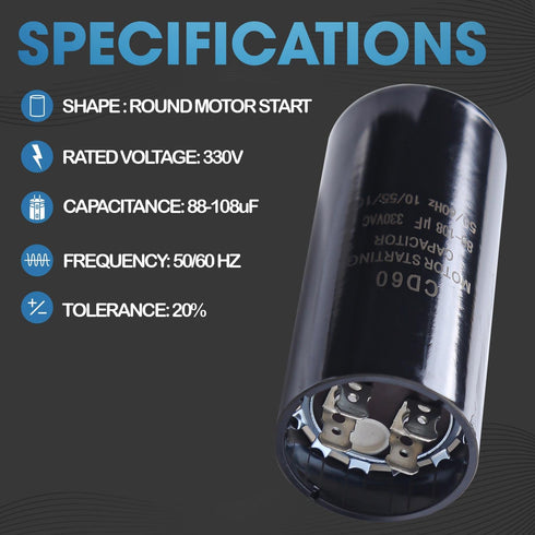 Seentech 88-108 uf MFD CD60 Round Start Capacitor, 330 VAC Replacement Part for HVAC, Air Conditioners