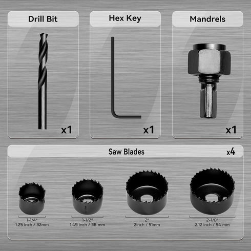 KATA 6PCS Hole Saw Kit 1-1/4" to 2-1/8"(32-54mm) with Mandrels and Hex Key in Case for Soft Wood, PVC Board, Plywood